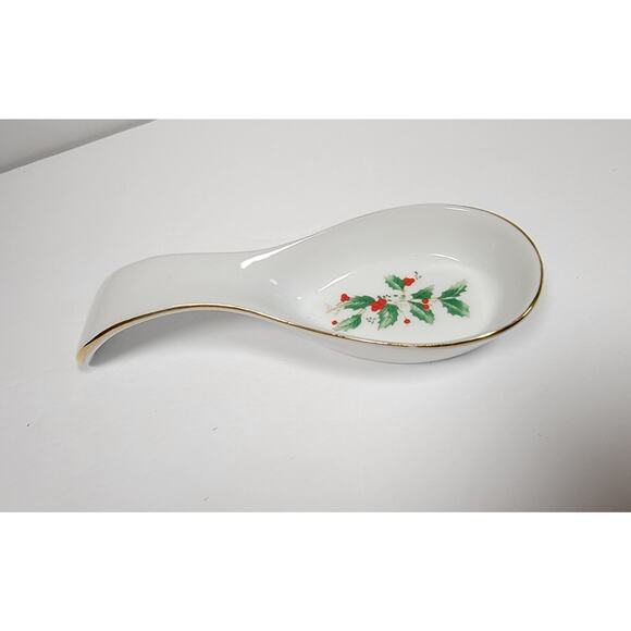 VTG Holly and Berry Spoon Rest White Porcelain Ceramic Gold Trim - Picture 4 of 7